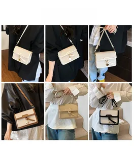 Detailed views of crossbody bags in four colorways showing textured flap and metal ring charms