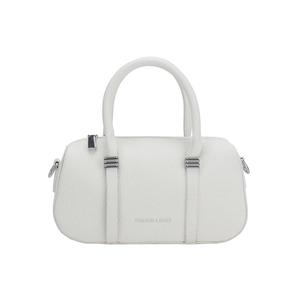 White minimalist pebble leather Boston bag with silver hardware and fashion lettering