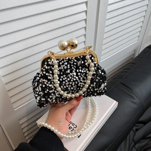 Sac à main rétro à paillettes noires avec bandoulière et fermoir à double perle chic