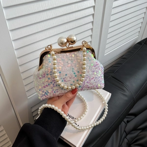 Sac de soirée à paillettes avec chaîne en perles et poignée en perles vintage chic