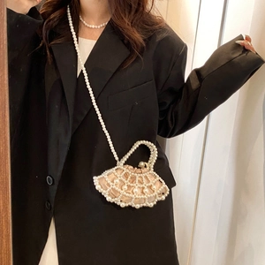 Elegant pearl beaded fan shaped crossbody bag with satin drawstring pouch for women