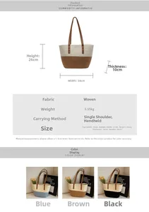Detailed chart showing size 38x26x10cm for woven cotton rope tote bags in three colors