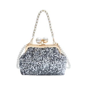 Sac à main argenté avec paillettes et perles, pochette de soirée chic pour femme