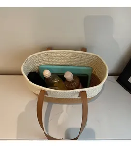 Top view of woven tote bag interior showing large capacity for tablet and cosmetics
