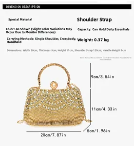 Detail showing 20cm x 11cm x 5cm dimensions for the gold rhinestone evening clutch bag