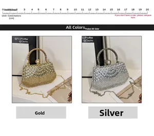 Detail of silver and gold evening bags with rhinestones and metal chain handles
