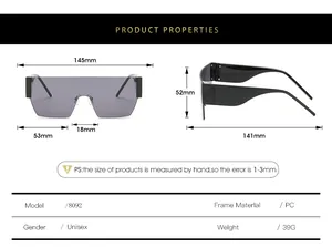 Detailed size guide for unisex oversized sunglasses showing lens and frame dimensions