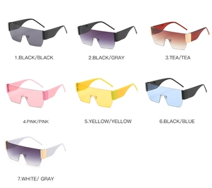 Detailed grid view showcasing seven stylish oversized wrap-around sunglasses in multiple colors