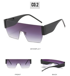 Detailed views of purple gradient oversized sunglasses with wide black temples