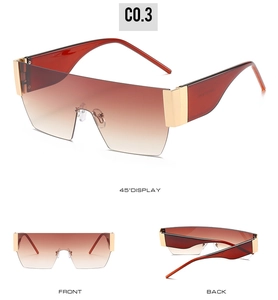 Three-angle display of oversized rimless sunglasses with red-brown gradient lenses and gold hinges
