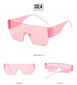 Pink oversized rimless sunglasses shown from front, back, and 45-degree angles