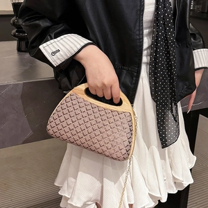 Vintage woven clutch bag with natural wooden handle and gold chain for women