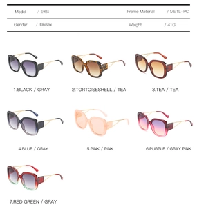 Detailed chart showing square sunglasses specs and 7 available color variants