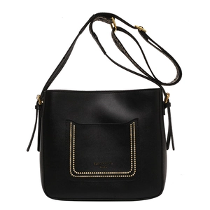 Minimalist black tote bag with gold U-shaped rivets and adjustable shoulder strap