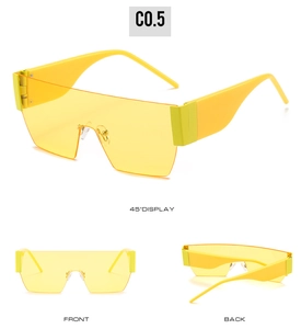 Three-angle views of trendy oversized yellow rimless flat top fashion sunglasses