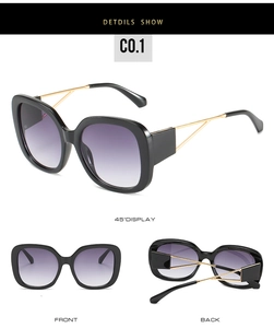 Detailed views of large square sunglasses with black frames and purple gradient lenses