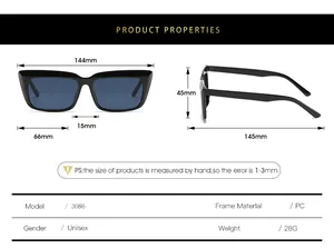 Detailed size chart for square sunglasses showing frame width and lens height dimensions