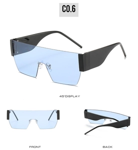Detail view of oversized shield sunglasses with blue ocean lenses and wide black temples