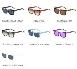 Overview of seven vintage square sunglasses in various colors on a white background