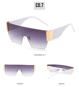 Oversized rimless purple gradient sunglasses with wide white temples from three angles