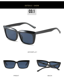 Detailed multi-angle views of square rimless sunglasses with dark lenses and black frames