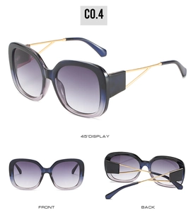 Three-view detail of oversized square sunglasses with blue-purple gradient lenses and gold temples