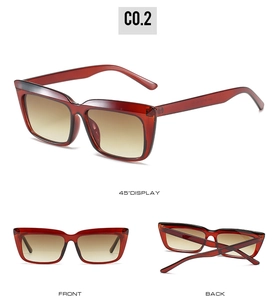 Three-view display of transparent reddish-brown square sunglasses with gradient tea lenses