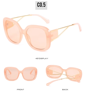 Three-way view of oversized square sunglasses with pale peach frames and gold metal temples