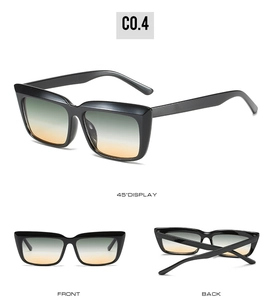 Detailed multi-angle views of square sunglasses with grey-green to orange-yellow gradient lenses