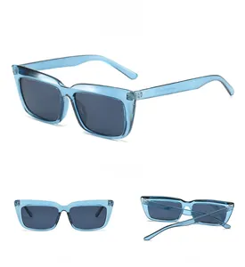 Detailed views of vintage square sunglasses with transparent blue frames and grey lenses