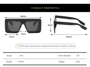 Detailed size chart for square frame sunglasses with frame height and width measurements