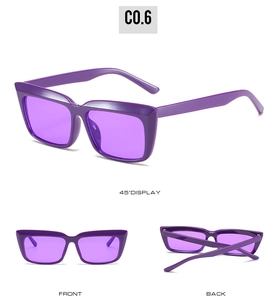 Three-view display of purple square sunglasses showing front, back, and 45-degree angle