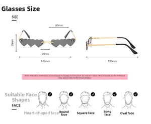 Guide des tailles détaillé pour lunettes de soleil en cœur indiquant la largeur monture