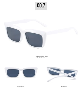 Three-way view of white chunky square sunglasses with dark grey lenses and smooth frames