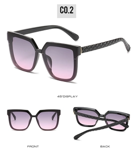 Three views of square cat-eye sunglasses with gradient lenses and textured temples