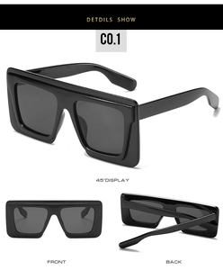 Three-view display of black square oversized sunglasses showing front and side details