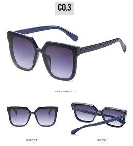Three-angle view of square sunglasses with quilted pattern temples and purple gradient lenses