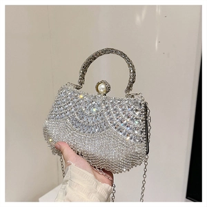Macro shot of silver evening bag with sparkling rhinestones and large pearl clasp