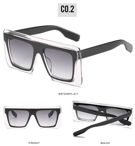 Detail view of square sunglasses with double-layer frame and gradient grey lenses