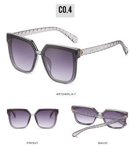 Detailed views of square cat-eye sunglasses with gradient purple lenses and textured temples