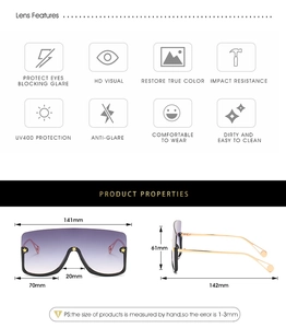 Infographic showing oversized sunglasses dimensions and gradient star lenses detail