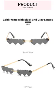 Vue détaillée de lunettes de soleil en forme de cœur avec monture dorée et verres gris