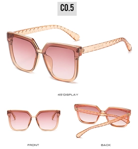 Detailed views of champagne square sunglasses with woven texture temples and gradient lenses