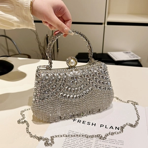 Detailed view of silver crystal fringe evening bag with pearl clasp and metal chain strap