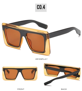Three-view display of orange and black square frame sunglasses with amber lenses