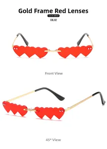 Vue détaillée de lunettes de soleil en forme de cœur avec monture dorée et verres rouges