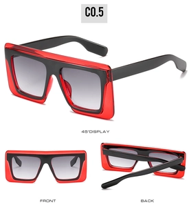 Detailed multi-angle views of square color-block sunglasses with grey gradient lenses