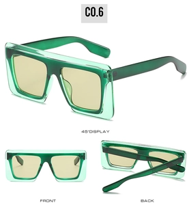 Detailed views of oversized green translucent sunglasses with flat top square lenses