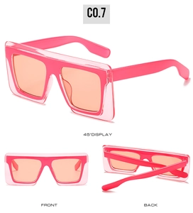 Multi-angle view of pink square sunglasses with brown lenses and flat top design