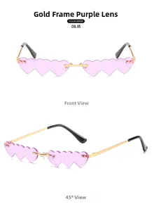 Vue détaillée des lunettes de soleil sans monture en forme de cœur avec monture dorée
